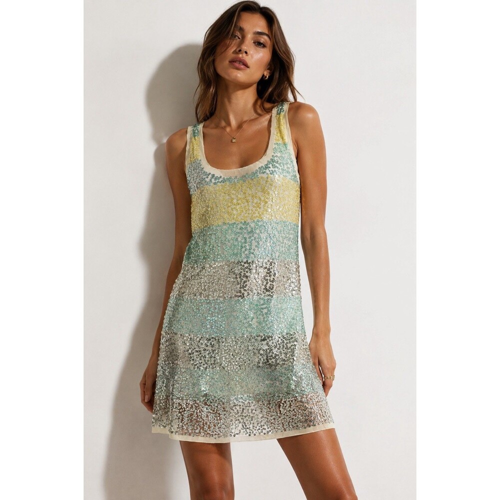 DKNY Sequin Striped Mesh Mini Dress Size Small Mint Yellow Silver Y2K Party Silk
